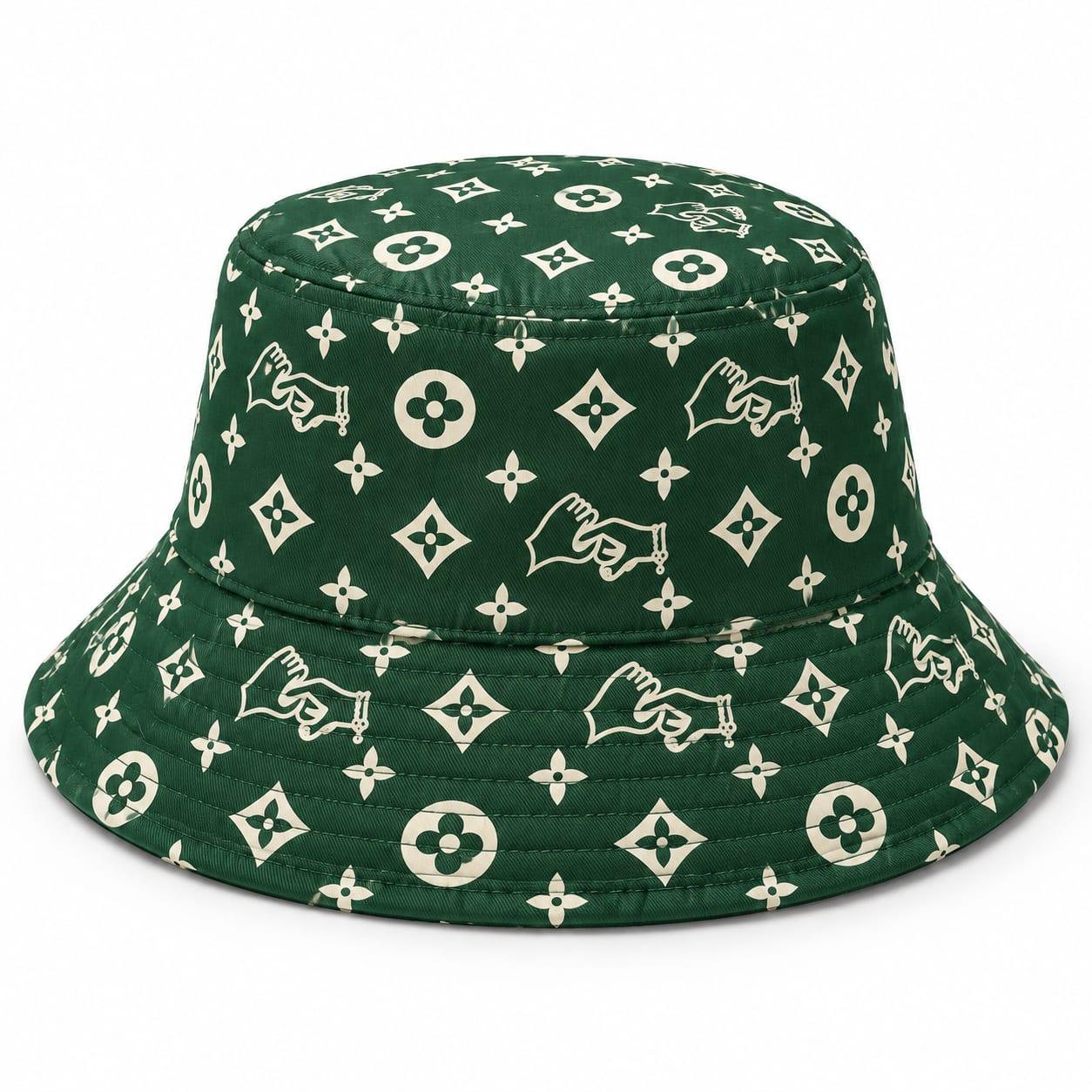 Green bucket hat with the cream hands monogram