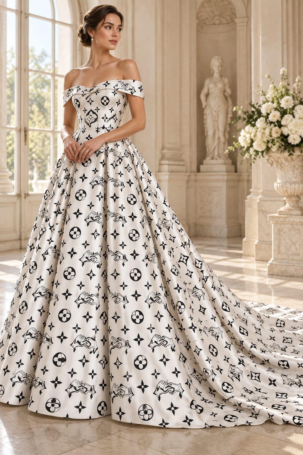 Off the shoulder ball gown in the white hands monogram