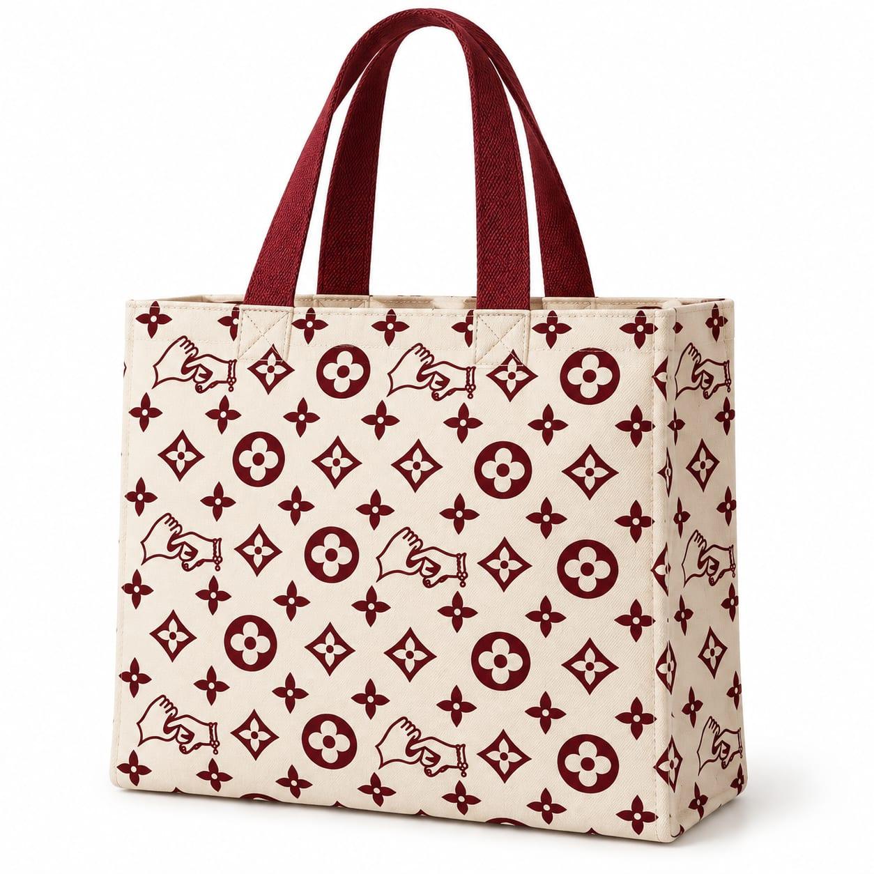 Cream handbag with the burgundy hands monogram and burgundy straps
