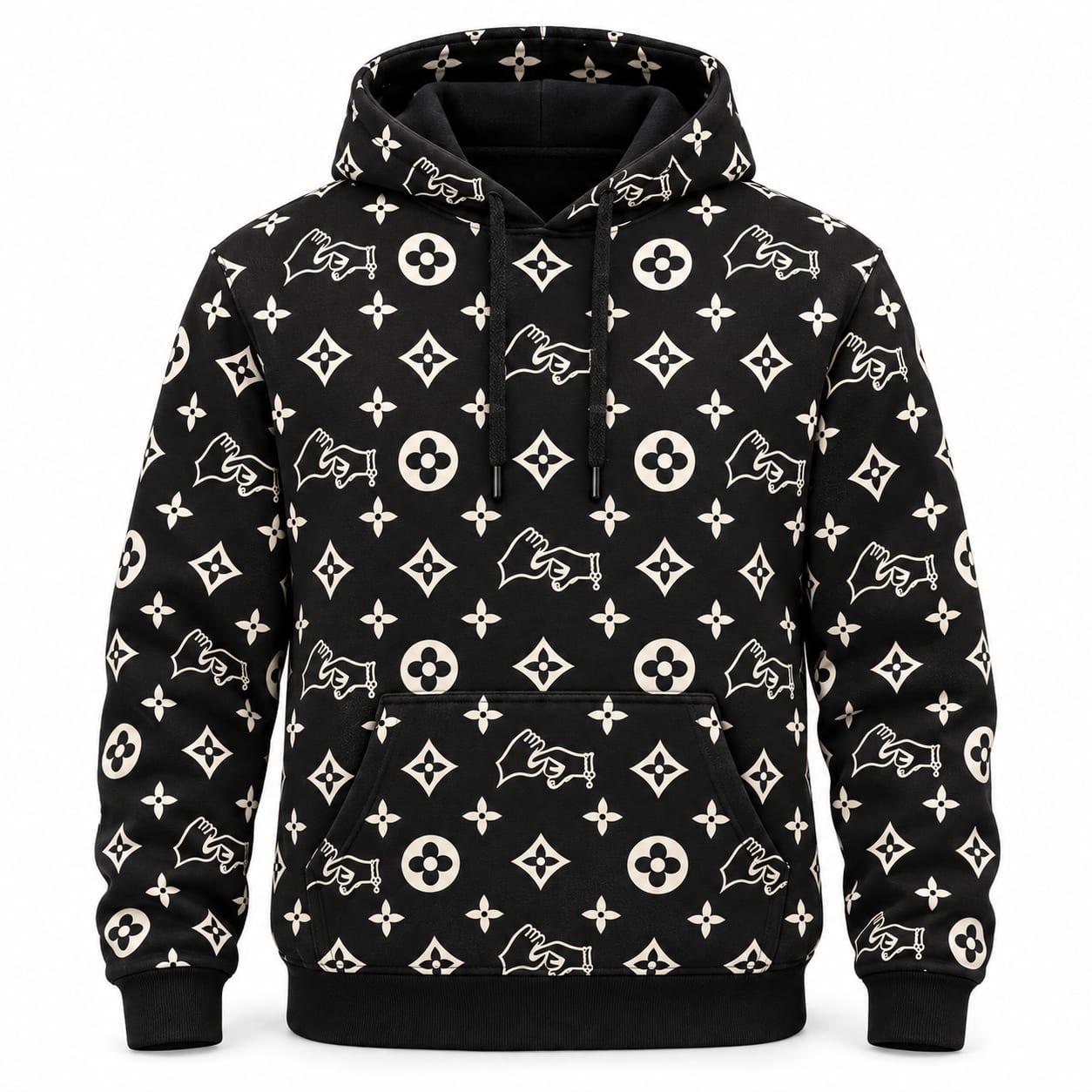 Black hoodie with the cream hands monogram all over