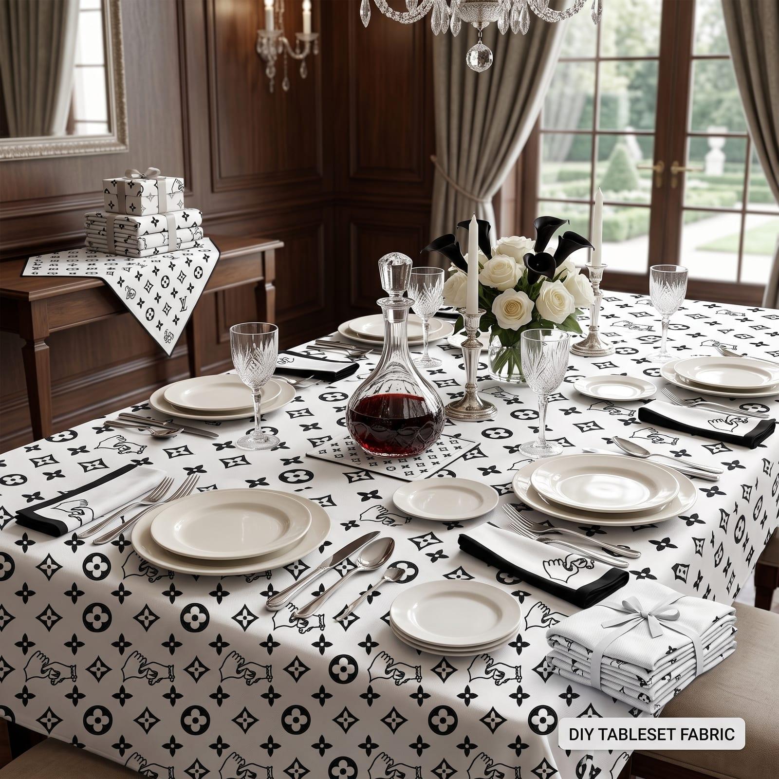 Dining table dressed in monogram tablecloth and napkins