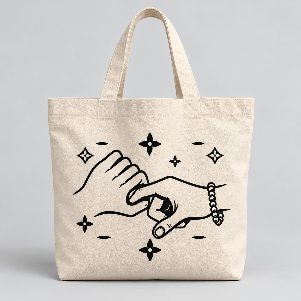 Natural canvas tote bag printed with the hands and monogram stars