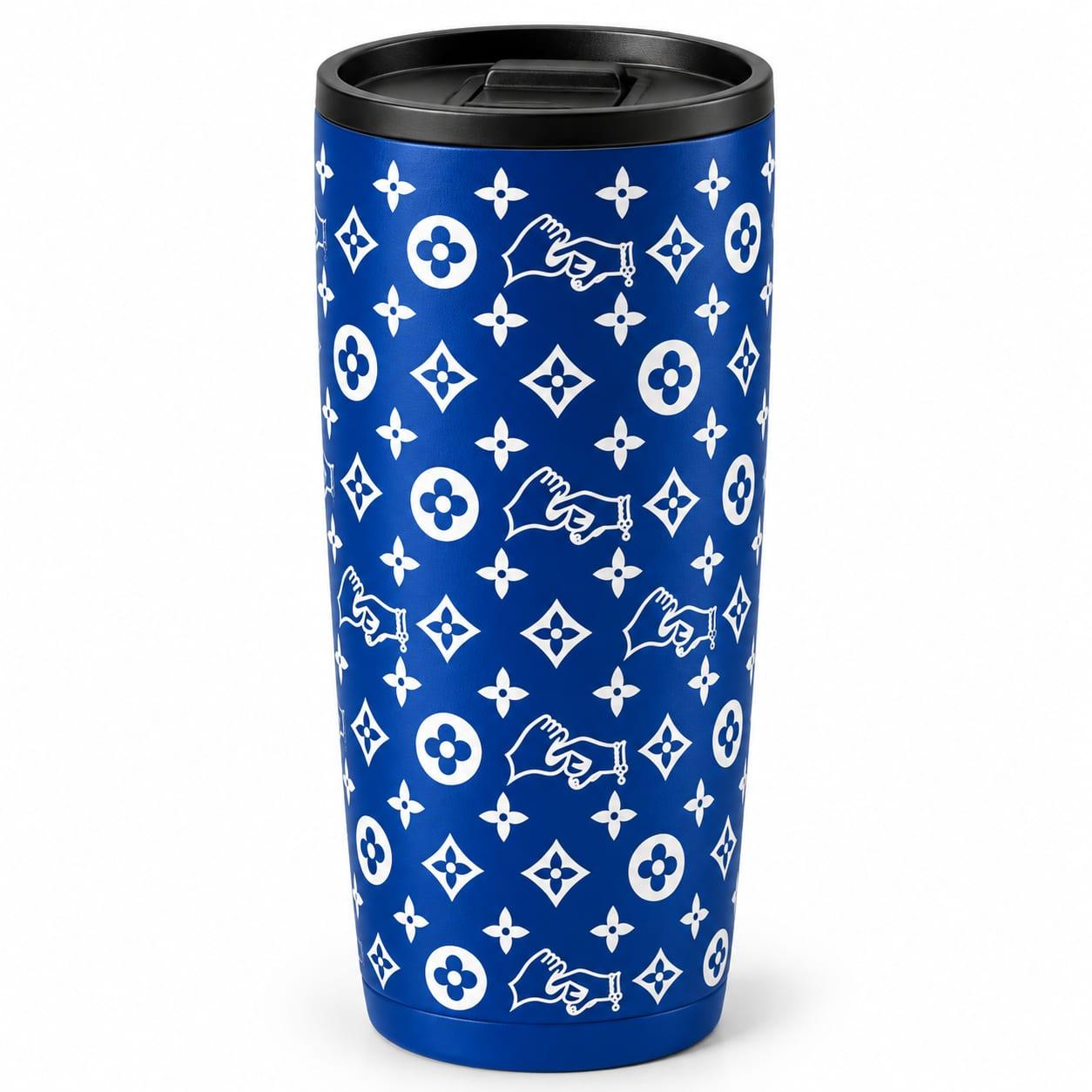 Royal blue tumbler with the white hands monogram