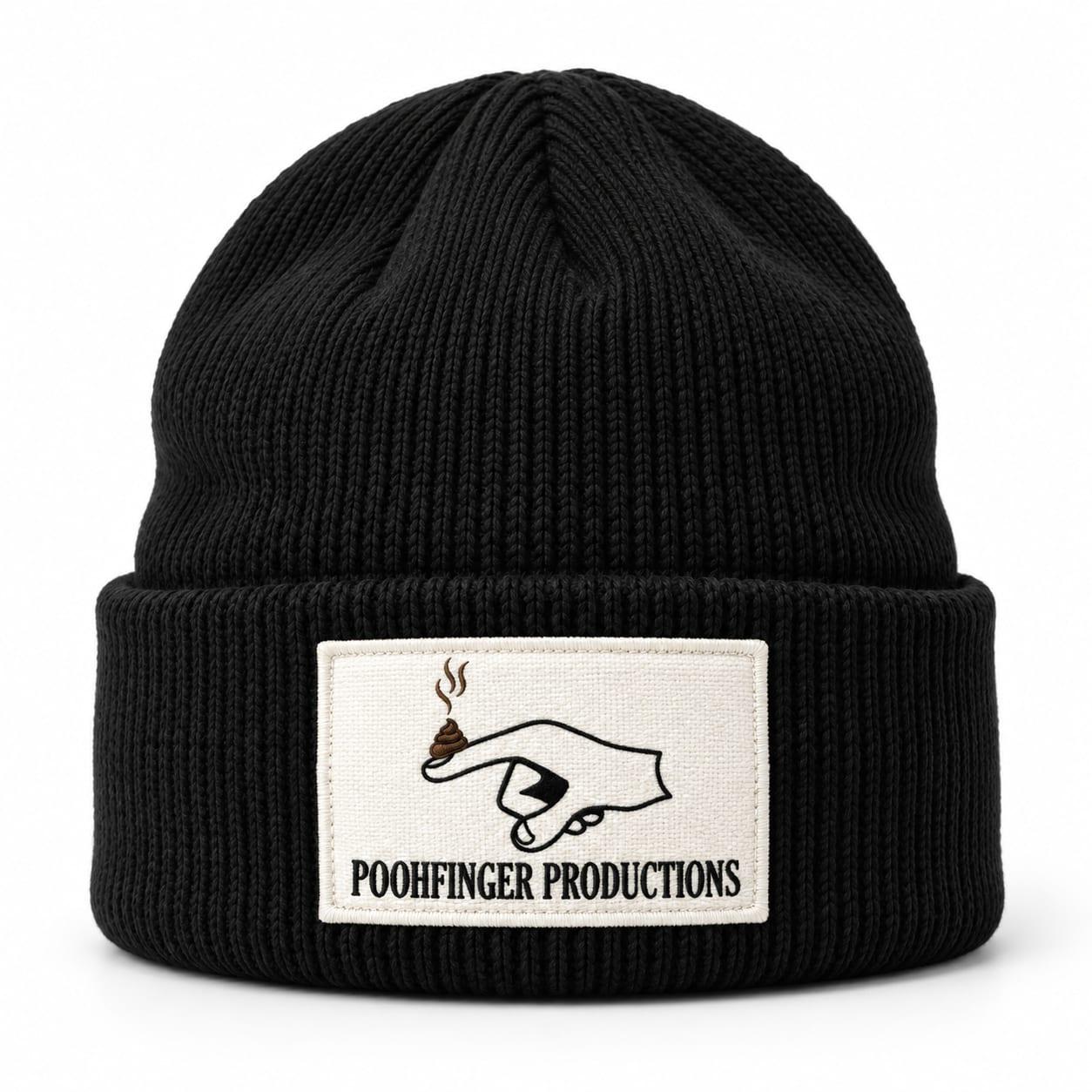 Black cuffed beanie with a cream Poohfinger Productions patch