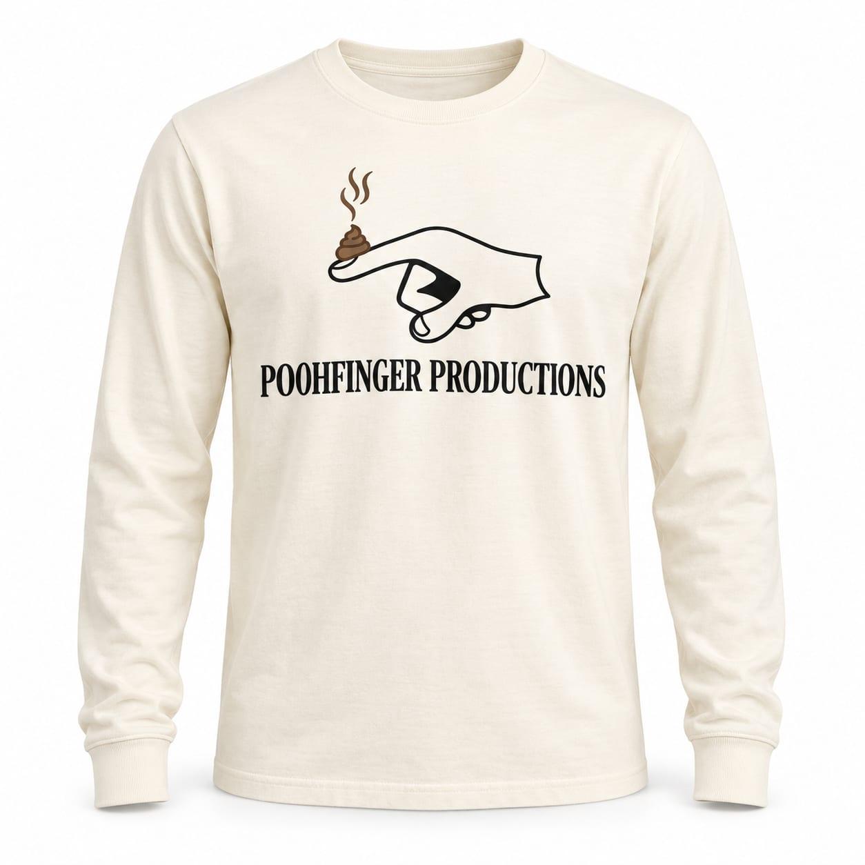 Cream long sleeve shirt with the Poohfinger Productions logo across the chest