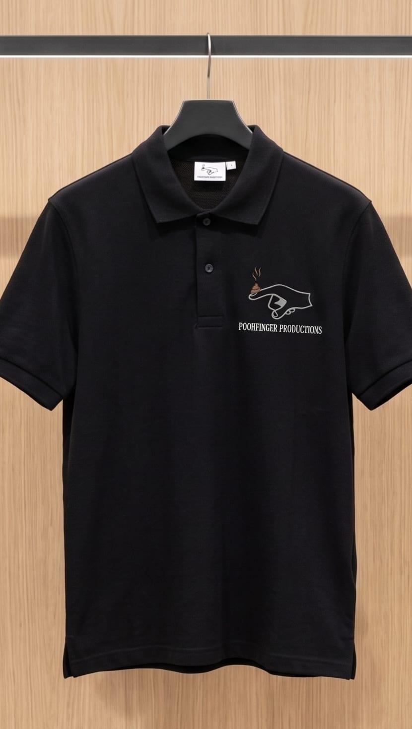 Black polo with the Poohfinger Productions logo on the chest