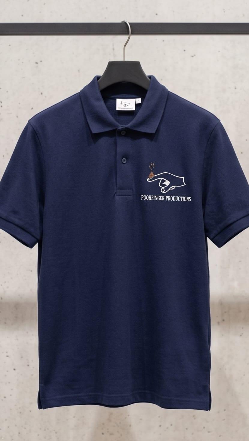 Navy polo with the Poohfinger Productions logo on the chest