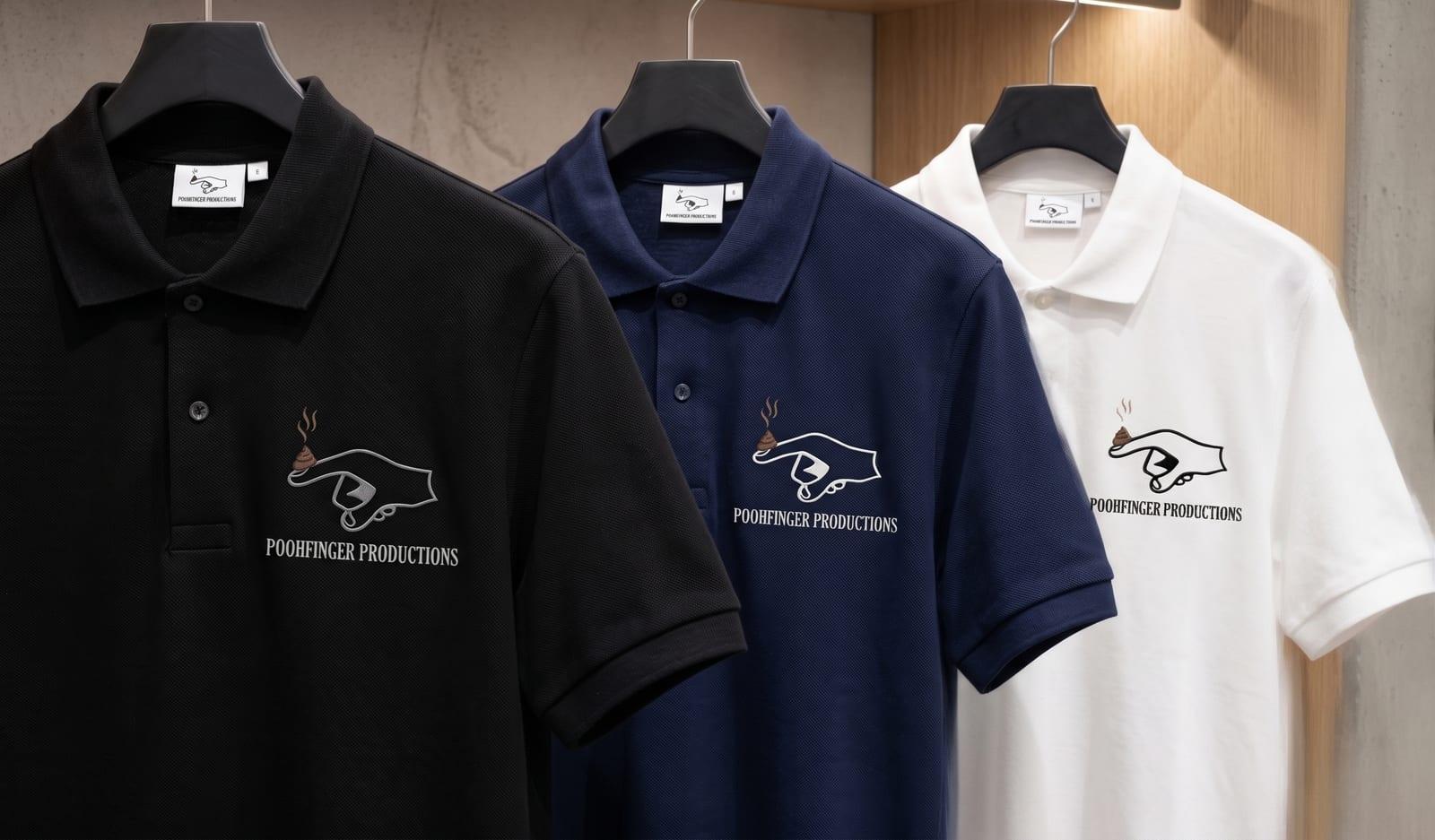 Black, navy and white Poohfinger Productions polos on hangers