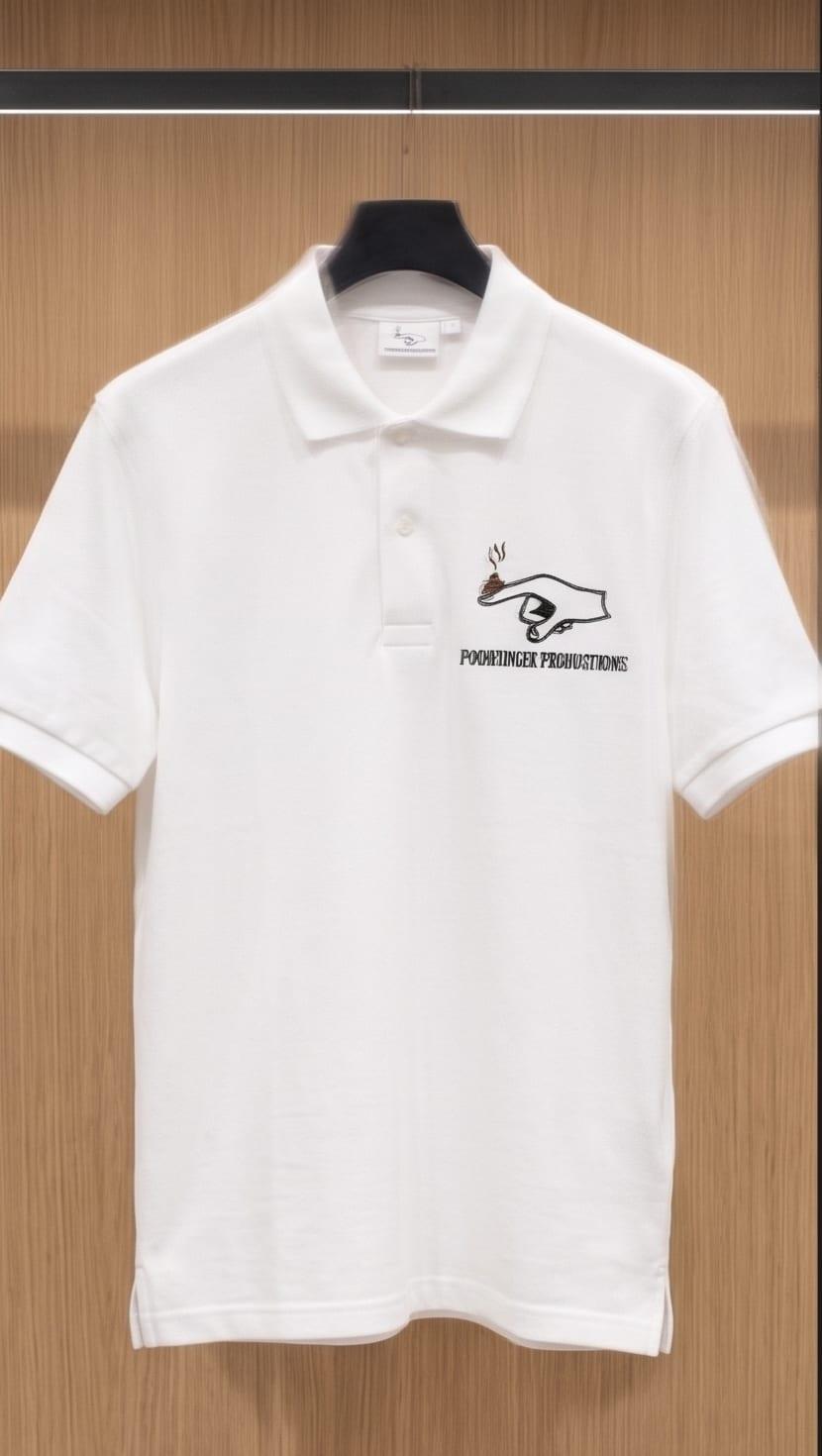 White polo with the Poohfinger Productions logo on the chest